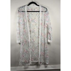 Boho Sheer Embroidered Lace Kimono Cardigan Duster Med Beach coverup Cottagecore